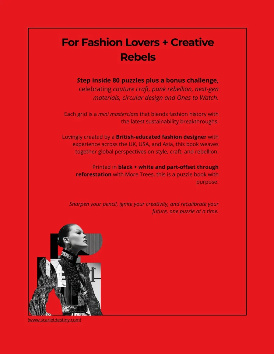 Back cover of the Fashion + Design Word Search Book, describing its 80 puzzles and bonus challenge