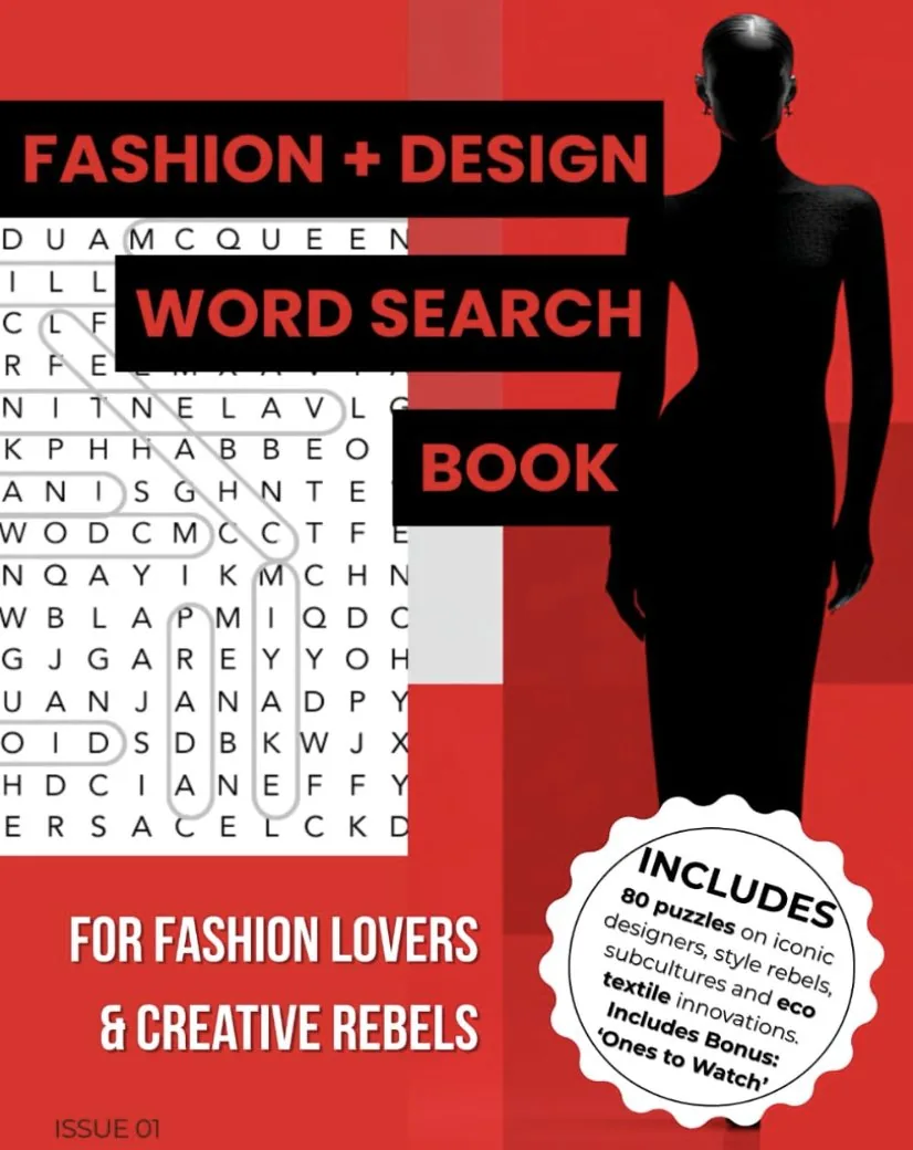 Cover of the Fashion + Design Word Search Book: a word-search grid and black silhouette of a model on red, for fashion lovers and creative rebels